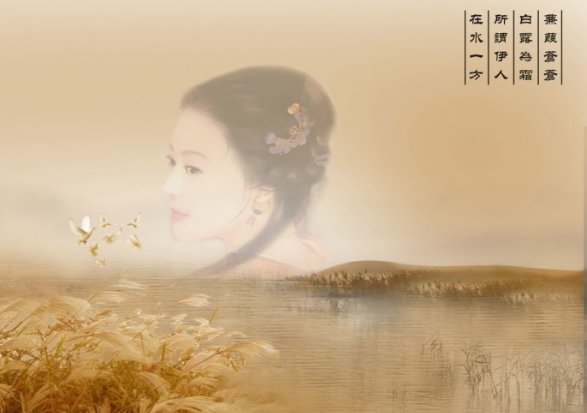 蒹葭萋萋,白露未希.所谓伊人,在水之湄.溯洄从之,道阻且跻.溯游从之,宛在水中坻.(译文和出处)