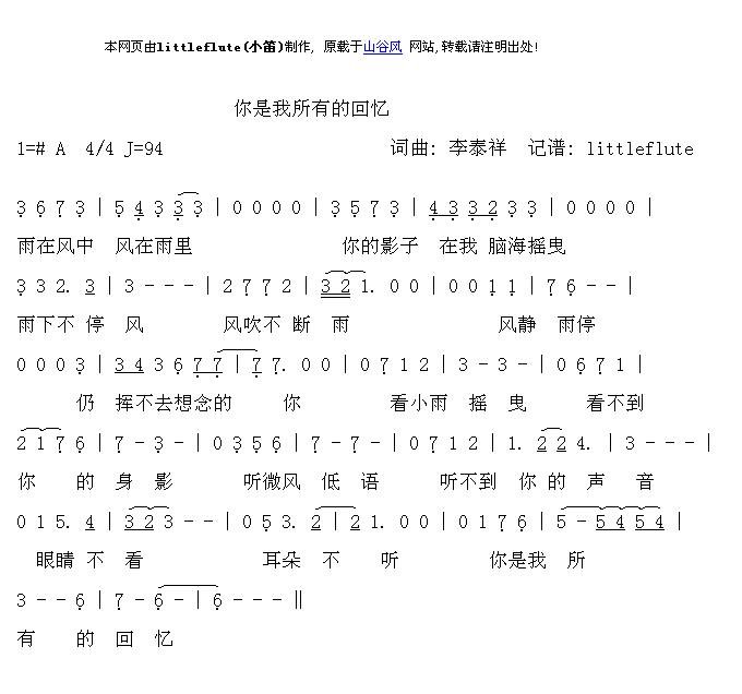 终极一家：雨在风中 （你是我所有的回忆）的吉他谱 有没有高手扒一下 最好就主旋律的和弦一起