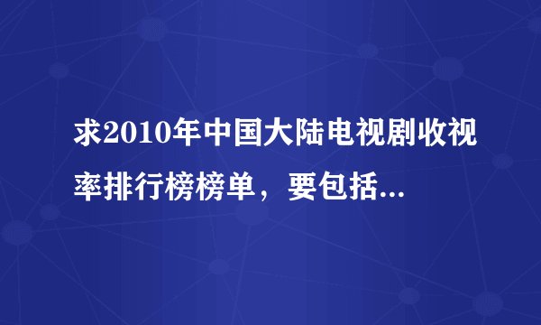 求2010年中国大陆电视剧收视率排行榜榜单，要包括央视电视剧在内。注明收视率、播出平台