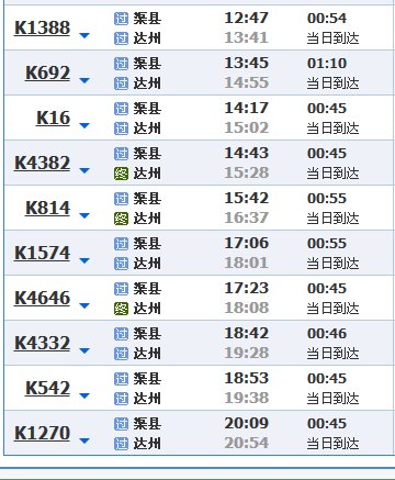 渠县到达州火车票时刻表