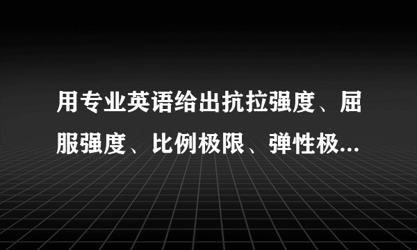用专业英语给出抗拉强度、屈服强度、比例极限、弹性极限、延伸率、断面收缩率的定义