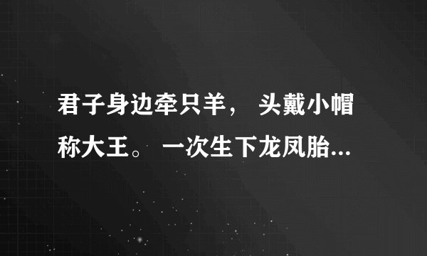 君子身边牵只羊， 头戴小帽称大王。 一次生下龙凤胎， 人头两点四横长 打四个字