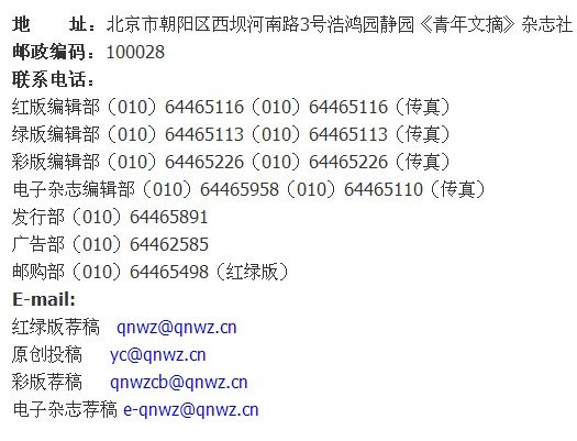可以告诉我《青年文摘》的投稿地址吗？要投信件不是电子稿（邮编和其他信息）感激不尽！！