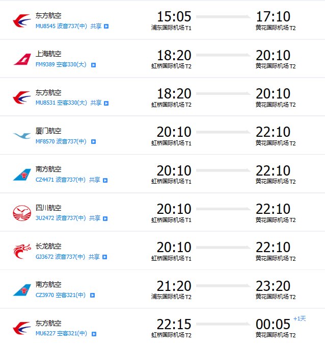 今天上海到长沙飞机时刻表？